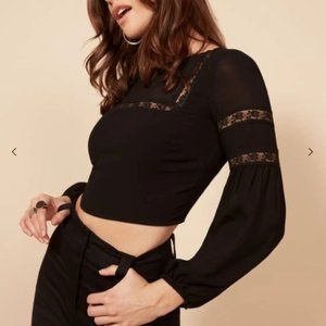 Reformation Marian Top Black Lace Bell Sleeve Puff Shoulder Crop Top 4
